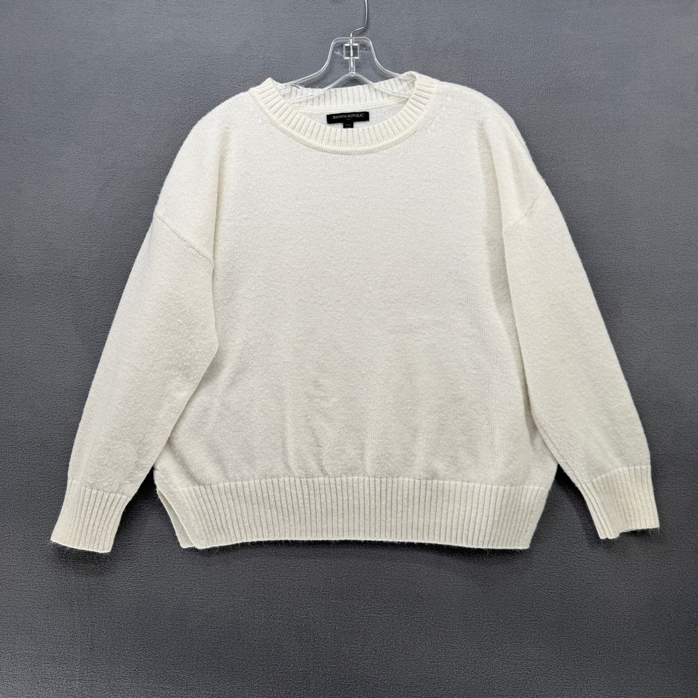 Banana Republic Cream White Crew Neck Sweater Petite XL Relaxed Knit Side Slit